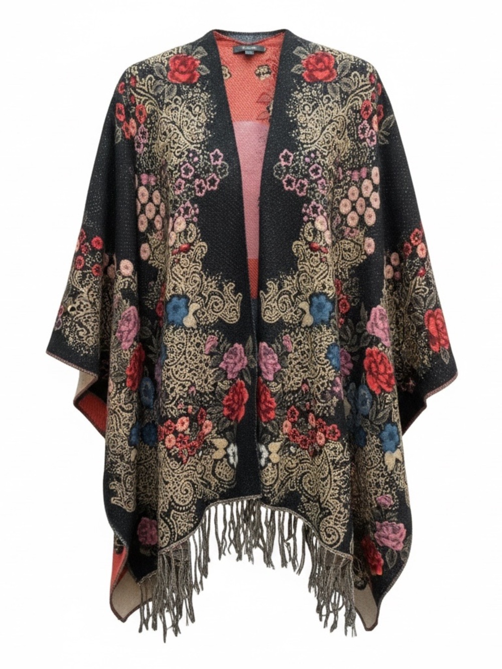 Floral Fringe Poncho - Black Multi